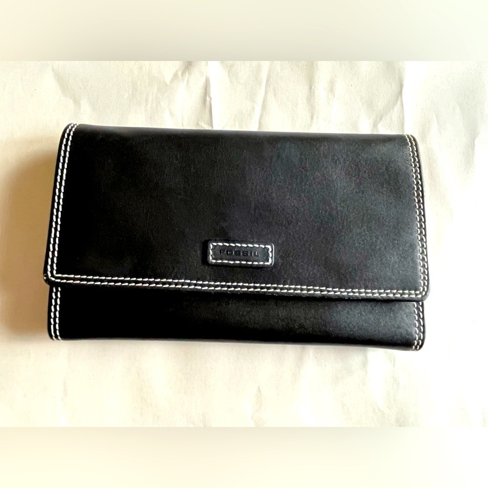 Fossil Black Leather Trifold Travel Jewelry Wallet EUC